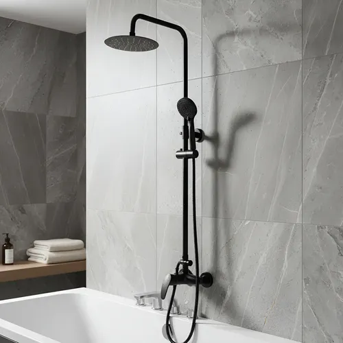 Columna Ducha Exterior Monocomando Flor Redonda Duchador Fuera De La Pared Color Negro