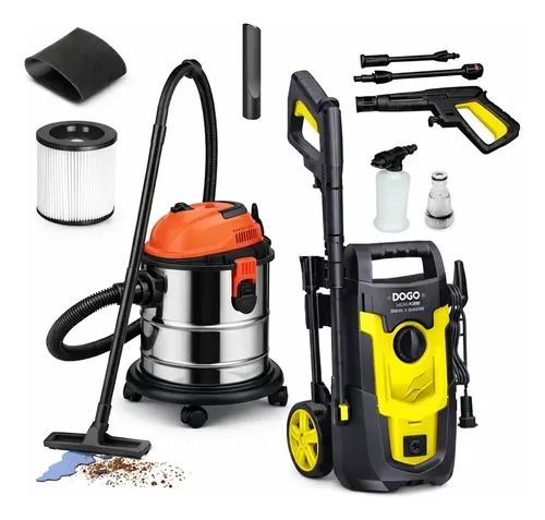 Combo Hidrolavadora Alta Presion 110 Bar 1400w Autostop Dogo + Aspiradora Tacho Acero Inoxidable 15 Lts 1200w Con Filtro Hepa Para Polvo Liquido Versa Gris Oscuro 50