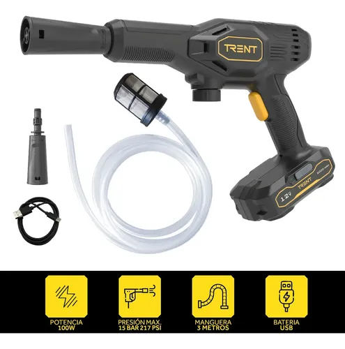 Hidrolavadora Inalambrica Trent 100w 145 Psi Portátil Usb C Con Accesorios Negro