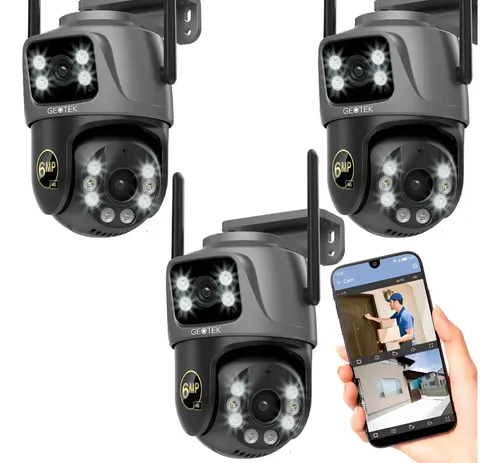 Kit 3 Camaras Seguridad Geotek Ip Wifi Domo Doble Lente 6mp Exterior Vision Nocturna Deteccion De Movimiento Seguimiento Color Negro
