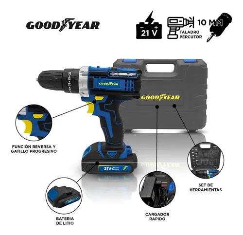 Taladro Percutor Inalambrico C/ Maletin Goodyear 21v 10mm + 1 Bateria Li-ion 1.5ah + Accesorios 50 Hz