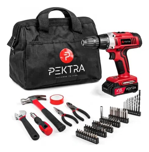 Taladro Inalámbrico Pektra 18v Con Bolso + 70 Accesorios Rojo 50