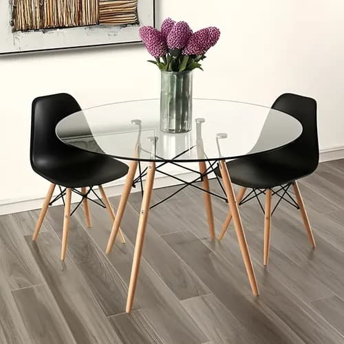 Mesa De Comedor Redonda De Vidrio Pata Madera Ballsellings Eames 120 Cm Transparente Marrón Claro