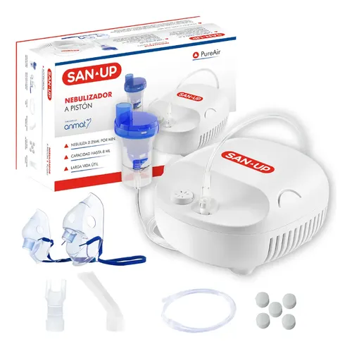 Nebulizador A Pistón San-up Pureair 8ml Con Mascarillas Y Accesorios Blanco