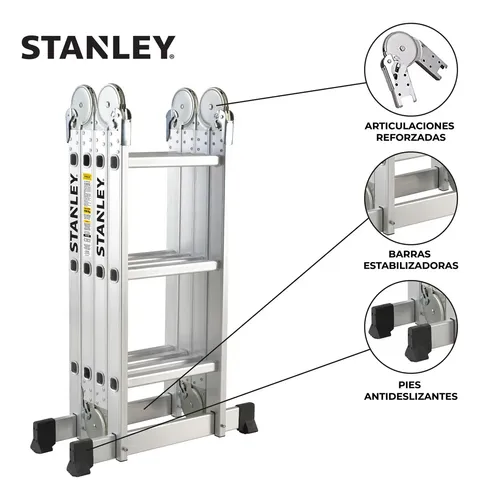 Escalera Articulada Stanley Profesional 12 Escalones 4x3 + Plataforma 150 Kg Aluminio