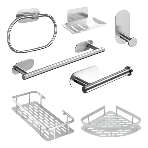 Kit De Baño Accesorios Auto Adhesivo Pegatinas 7 Piezas Repisas Estante Con Baranda Esquinero Organizador Ducha Gancho Jabonera Portarollo Toallero Acero Inoxidable Levys Bazar Color Plateado