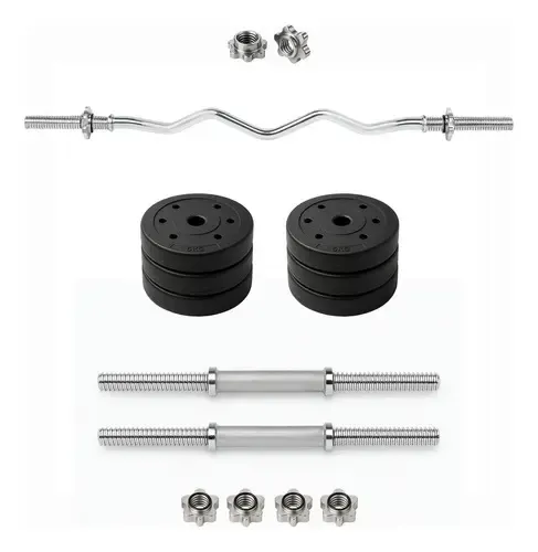 Kit Barra Ez W Curva Ligera + 2 Mancuernas + 30kg En Discos 6 De 5 Kg