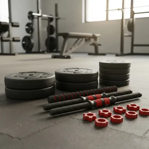 Kit Mancuernas Y Barra Con Tope A Rosca 30 Kg Discos Pvc Color Negro / Rojo