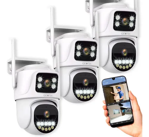 Kit 3 Camaras Seguridad Geotek 6mp Ip Wifi Domo Doble Lente Exterior Vision Nocturna Inteligente Deteccion Movimiento Blanco